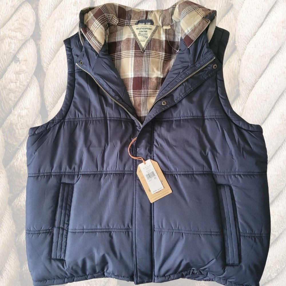 NWT Weatherproof Vintage Vest Size XL Plaid Lined Hoodie Navy Brown Full Zip